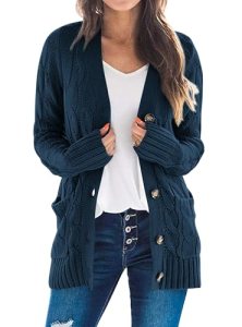 PRETTYGARDEN Women’s Cable Knit Cardigan Sweaters Fall, Lake Blue,L
