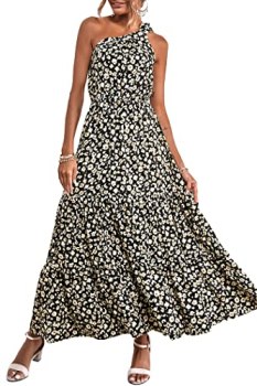 PRETTYGARDEN Women’s One Shoulder Boho Floral Maxi Dress, Black,S