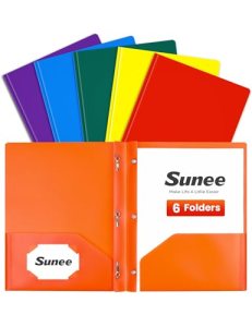 SUNEE 3-Prong Plastic Folders with Pockets (6 Pack