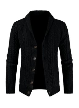 JMIERR Mens Wool Blend Shawl Collar Cable Knit Cardigan Sweater, L, Black