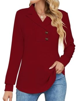 Micoson Womens Long Sleeve Button Lapel Tunic Tops V Neck Swing Sweatshirt