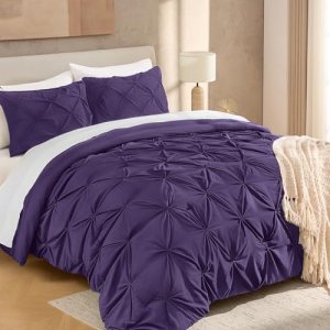 Andency Full Pinch Pleat Purple Comforter Set 3 Piece Bedding