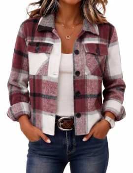 Zeagoo Women’s Fashion Cropped Shacket Wool Blend Plaid Button Down Jacket
