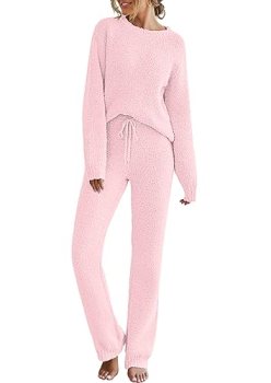 MEROKEETY Womens Cute Fuzzy Lounge Set Cozy Fall Pajamas Pink