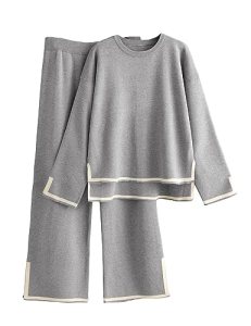 Tanming Women’s 2 Piece Outfits Long Sleeve Knit Sweater Top Wide Leg Pants Loun