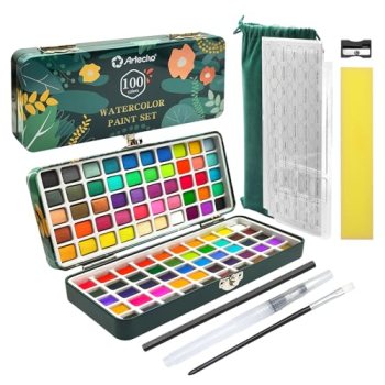 Artecho 100 Colors Watercolor Paint Set with Metallics, Portable Tin Case