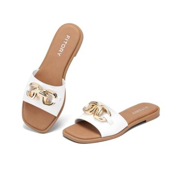 FITORY Women’s Sandals Fashion Soft Slides with Gold Buckle, White 9
