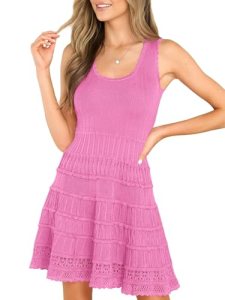 Fisoew Womens Summer Mini Dresses Casual Crewneck Knitted Crochet Hem Flowy Tank