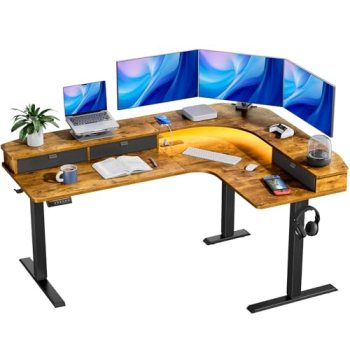 HUANUO 65″ L Shaped Standing Desk with 3 Drawers, Adjustable, Vintage Brown