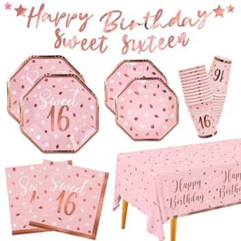Rose Gold & Pink Sweet 16 Birthday Bundle: Party Supplies Set with paper Plates