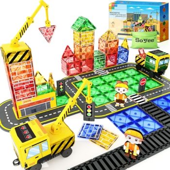 Magnetic Tiles with 2 Cranes, Magnetic Construction Toys STEM Building Toys