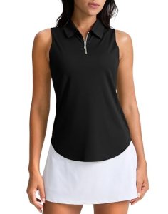 Womens Golf Shirt Sleeveless Zip Up Collared Polo Shirts, Black, XS