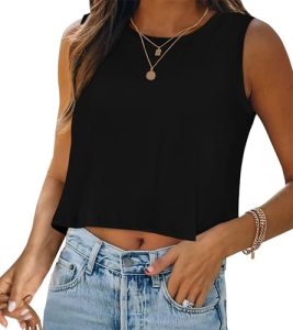 Crop Tops for Women Tank Sleeveless Loose Summer Shirts, Solid Black, L