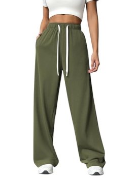 PINSPARK Women’s High Waisted Sweatpants Wide Leg Athletic Pants Army Green