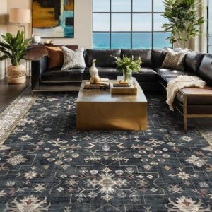 Black Farmhouse Washable 8×10 Area Rugs for Living Room