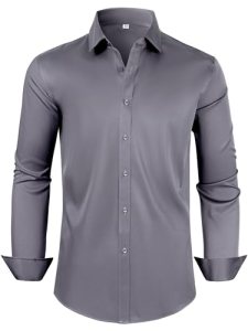 Ficovis Men’s Dress Shirts Button Down Long Sleeve Business Steel Grey M