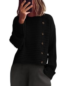 PRETTYGARDEN Womens Asymmetric Button Long Sleeve Sweater,Black,M