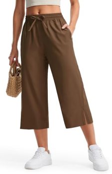 Libin Lightweight Capri Pants for Women Wide Leg Beach Pants, Brown M