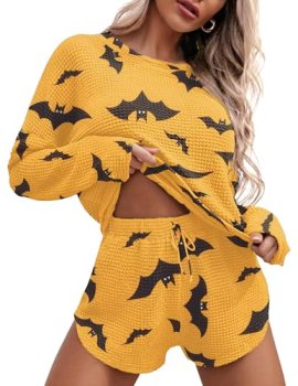 Ekouaer Womens Waffle Knit Pajama Sets Long Sleeve Top and Shorts Matching Loung