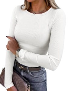 ANRABESS Women Long Sleeve Shirts Ribbed Fitted Tops,White,XS