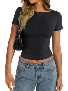 EasyGala Womens Cotton Short Sleeve Shirts Summer Boat Neck Crop Tops