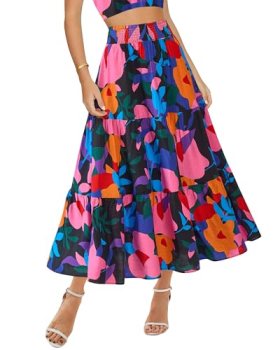 BTFBM Midi Skirts for Women 2026 Summer Boho Floral Skirt,XL,Black