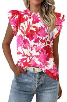 PRETTYGARDEN Women’s Ruffle Short Sleeve Summer Tops Boho Floral Blouses