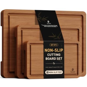 3 Packs Bamboo Cutting Board Set with Non Slip Feet and Over Sink Nice Solid Thi