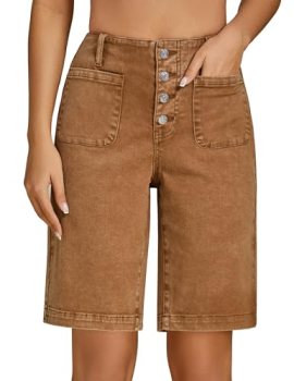luvamia Button Fly Long Jean Shorts Womens High Waisted Bermuda Shorts for Women