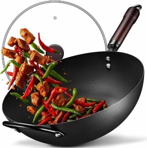 FGJ Wok, 13 Inch Carbon Steel Woks & Stir-fry Pans Nonstick Roasting Pan