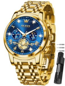OLEVS Gold Watches for Men Blue Face Luxury 42MM Big Face with Diamond
