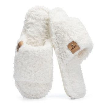 GOEWY Fuzzy Open Toe Slippers for Women Indoor with Comfy Memory Foam White
