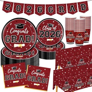 Graduation Decorations 2026 Disposable Maroon Graduation Tableware Kit for 25 Gu