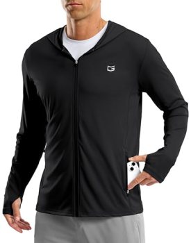 Mens UPF50+ Sun Hoodie Jacket Zip Up Hooded Hiking Fishing Shirts(Black,S)