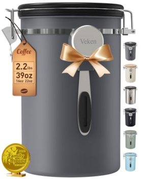 Veken Coffee Canister,39OZ, 2.2lbs,Large Airtight Stainless Steel Container