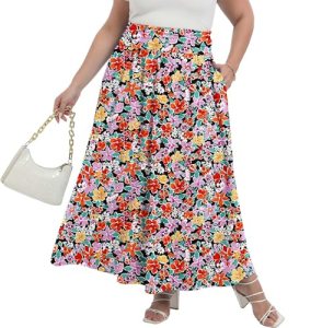 OLRIK Plus Size Skirts for Women Boho Elastic High Waist A-Line Long Skirts with