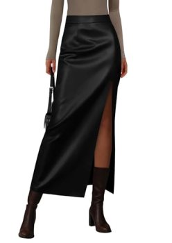 PRETTYGARDEN Women’s Faux Leather Long Pencil Skirt,Black,M