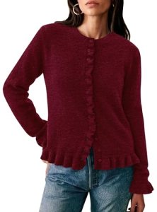 PRETTYGARDEN Womens Ruffle Button Down Cardigan Sweaters,Wine Red,XXL