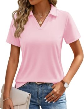 YUCOLEN Polo Shirts for Women Short Sleeve V Neck Golf Shirt LightPink, XL