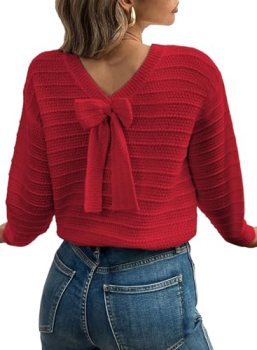 EVALESS Womens Bow Sweaters Pullover Knit Tops Fall Outfits Red L