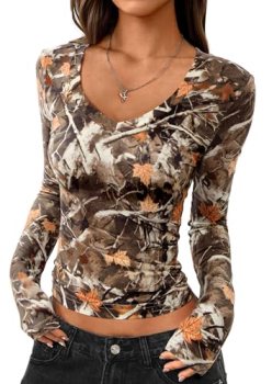 PRETTYGARDEN Womens Long Sleeve Slim Fit Crop Tops,Khaki Floral,M
