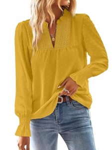 Falechay Boho Womens Blouses Butterfly Sleeve Lace Spring Tops Yellow S