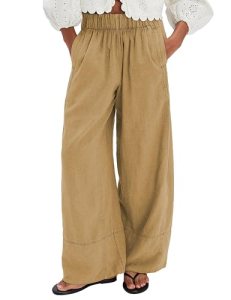 Ziqoty Linen Pants for Women Wide Leg Long Lounge Trousers(Khaki-XL)