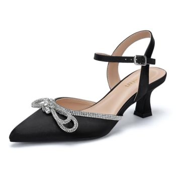 DOBOLIN Wide Width Kitten Heels for Women Rhinestone Bow Pointed Toe Pumps