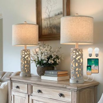 OYEARS Bedside Table Lamps Set of 2 with Night Light, 22” Distressed Grey
