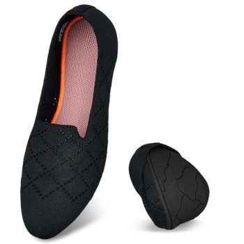 Puxowe Women’s Ballet Flats, Slip On Walking Shoes, Black Orange, Size 5.5