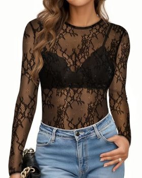 Women’s Mesh Tops Long Sleeve Sheer Shirt See Through Blouse,Black Petals,S