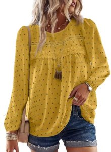 Falechay Blouses for Women Casual Long Sleeve Tops Yellow-Black Dots XL