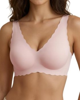 Ubras Deep V Seamless Bras for Women Scalloped Wireless Bralette Pink