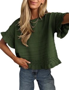 Yeokou Womens Short Sleeve Sweater Round Neck Ruffled Hem Knit Crochet Pullover